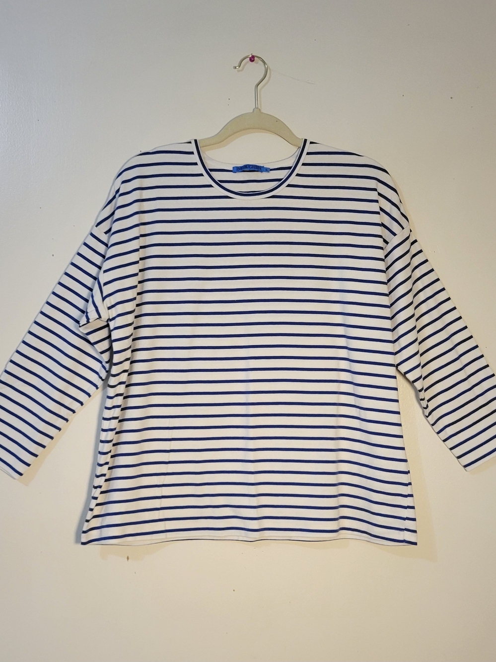 J. McLaughlin (Women's XL) Crew-neck 3/4 Sleeve Cotton Top - White & Navy